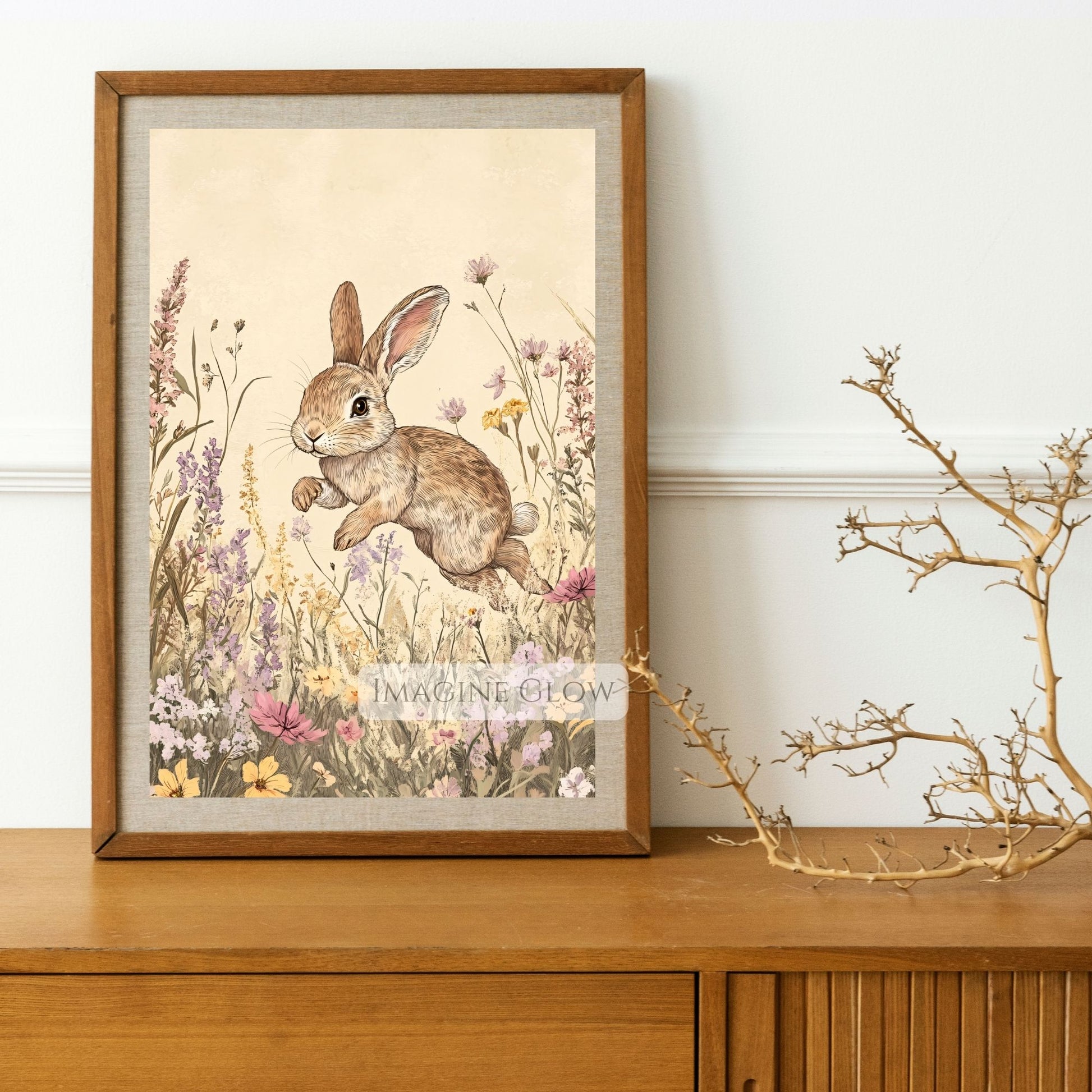 Bunny among wildflowers, antique-style painting.
