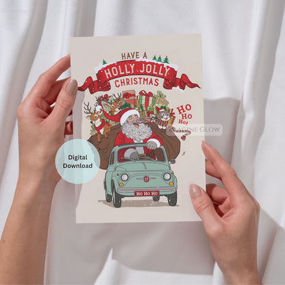Digital Christmas card with Santa driving a car and festive elements, held by hands against a white background.