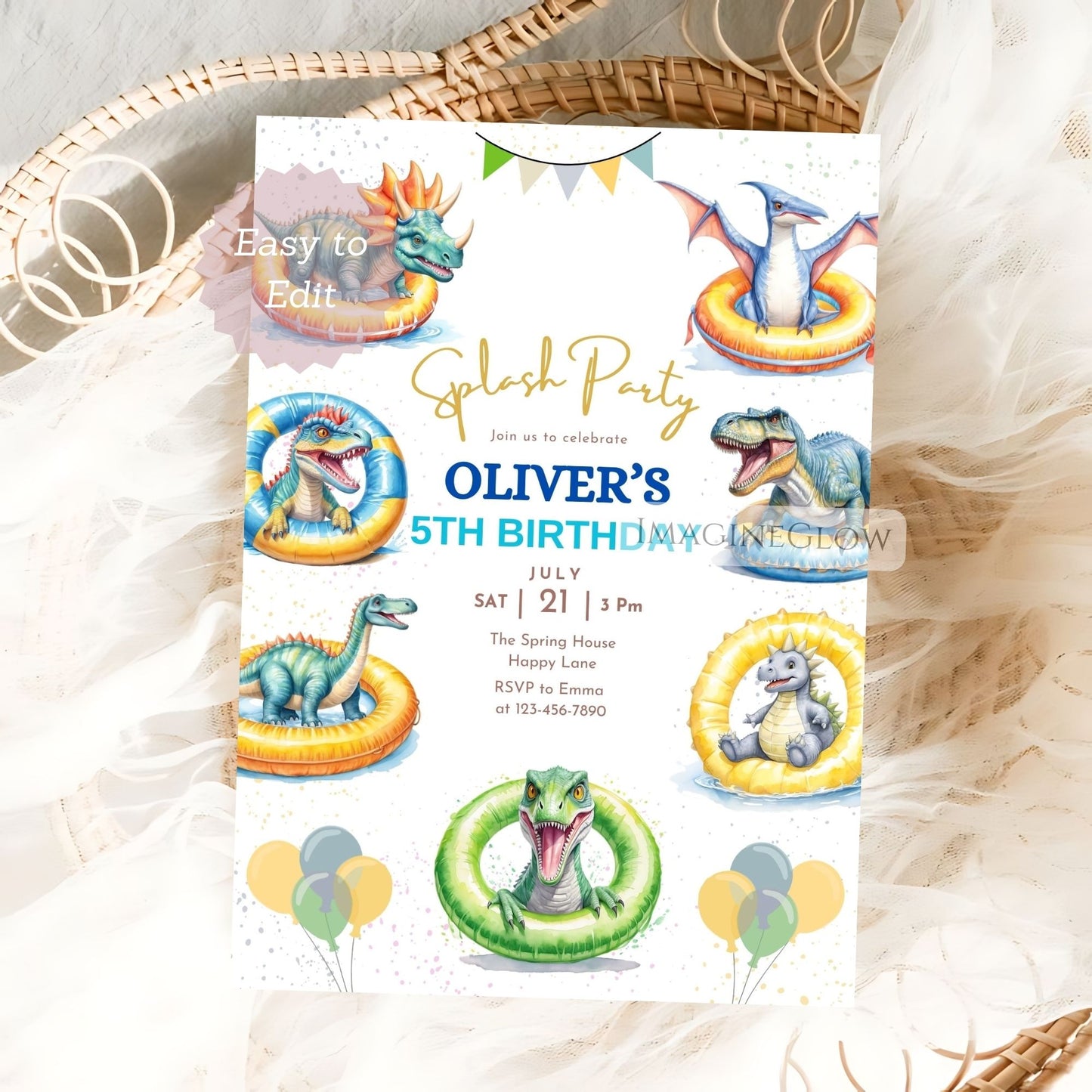 Birthday party invitation with dinosaur-themed pool floats on a textured surface