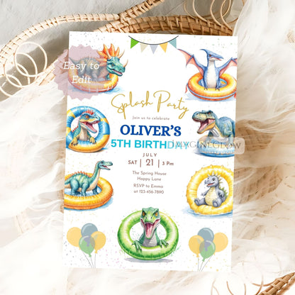 Birthday party invitation with dinosaur-themed pool floats on a textured surface