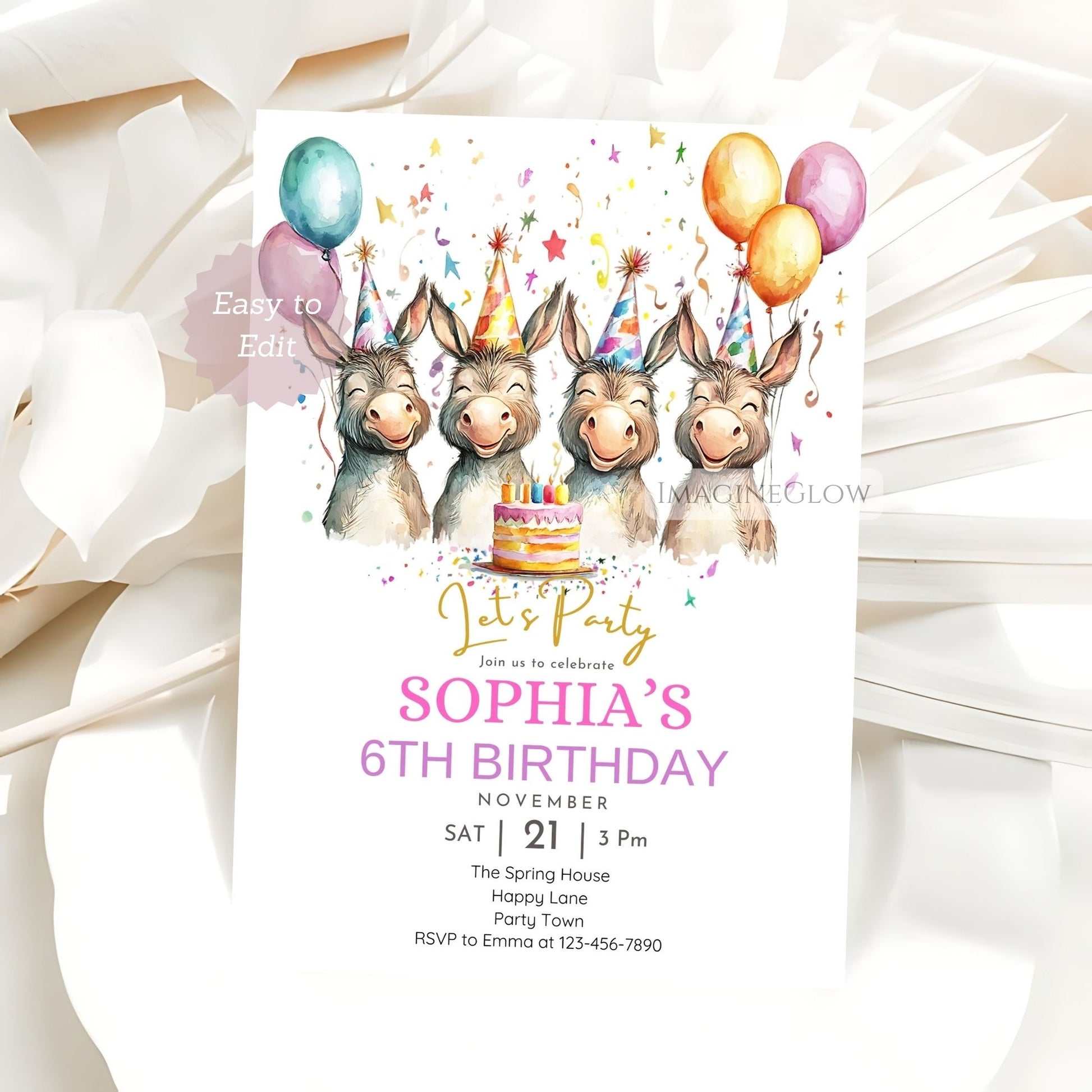 Rustic donkey birthday invite for girls
