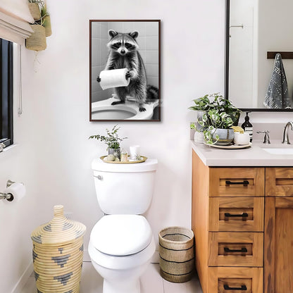 Quirky raccoon bathroom humor art print for home decor.
