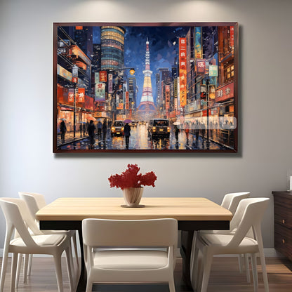 High-resolution Japanese cityscape print for home decor.
