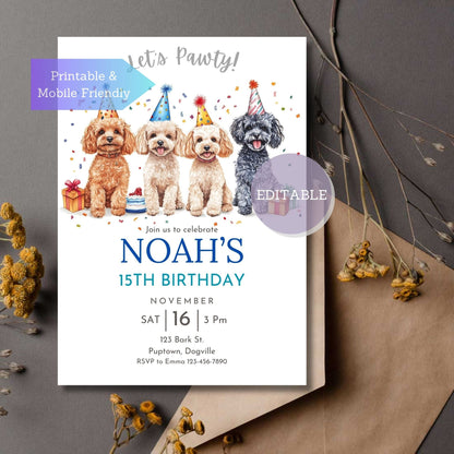 Editable Toy Poodle dog birthday invitation template for party