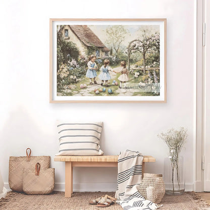 Ivy-covered walls and blooming arbor in a vintage Easter scene.