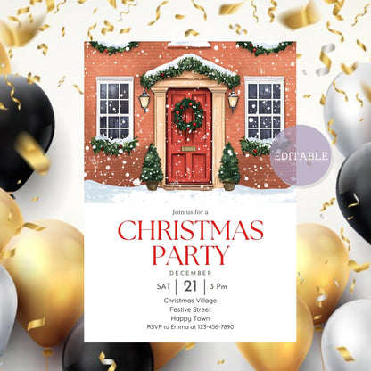 Traditional English house holiday invitation with festive and cozy design.