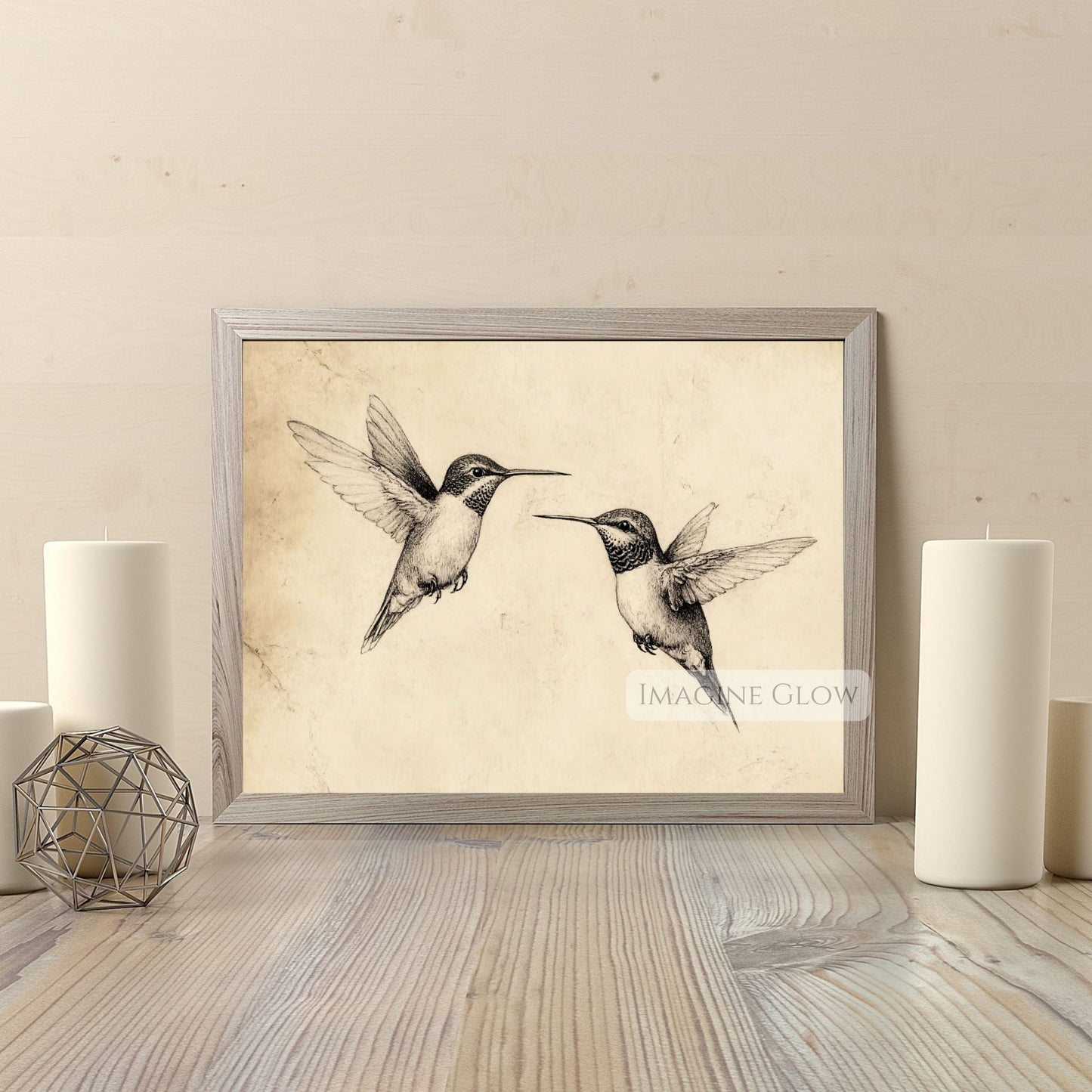 Vintage wildlife sketch of two hummingbirds
