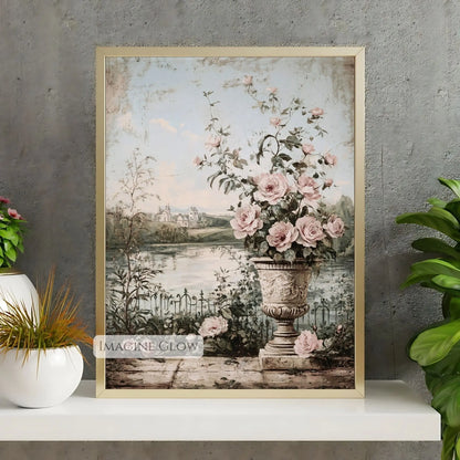 Spring lake scene with flowers, vintage-style print.