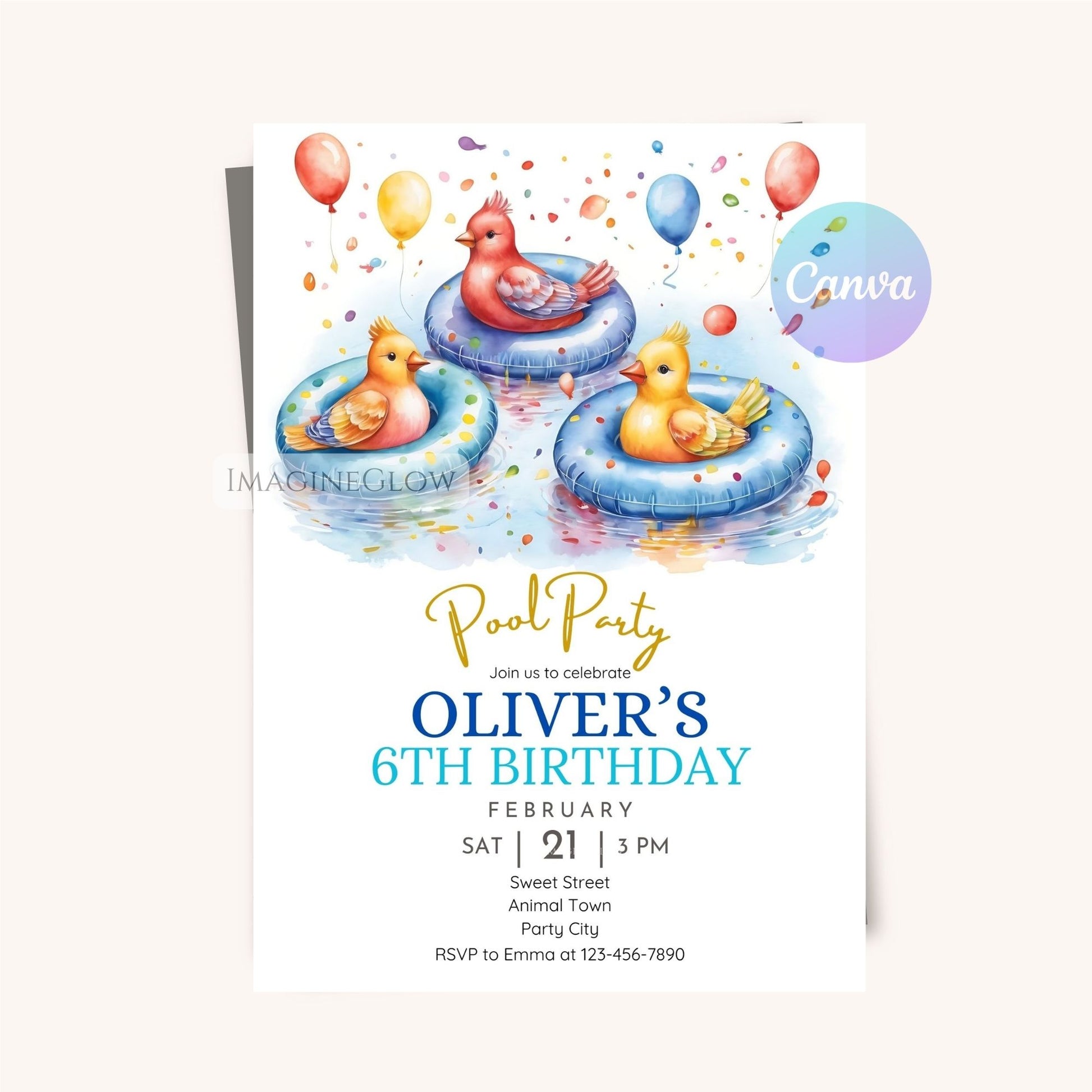 Tropical bird pool party invitation digital template
