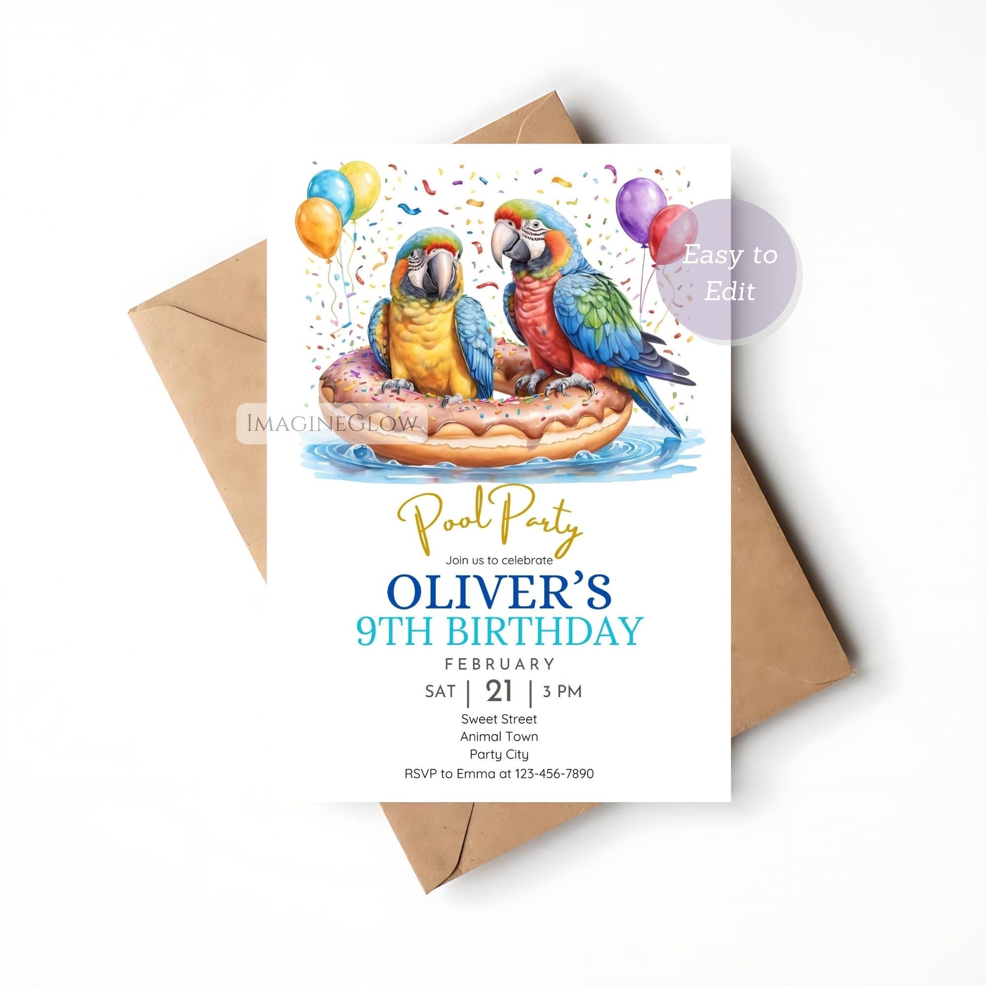 Parrot and tropical pool birthday invite
