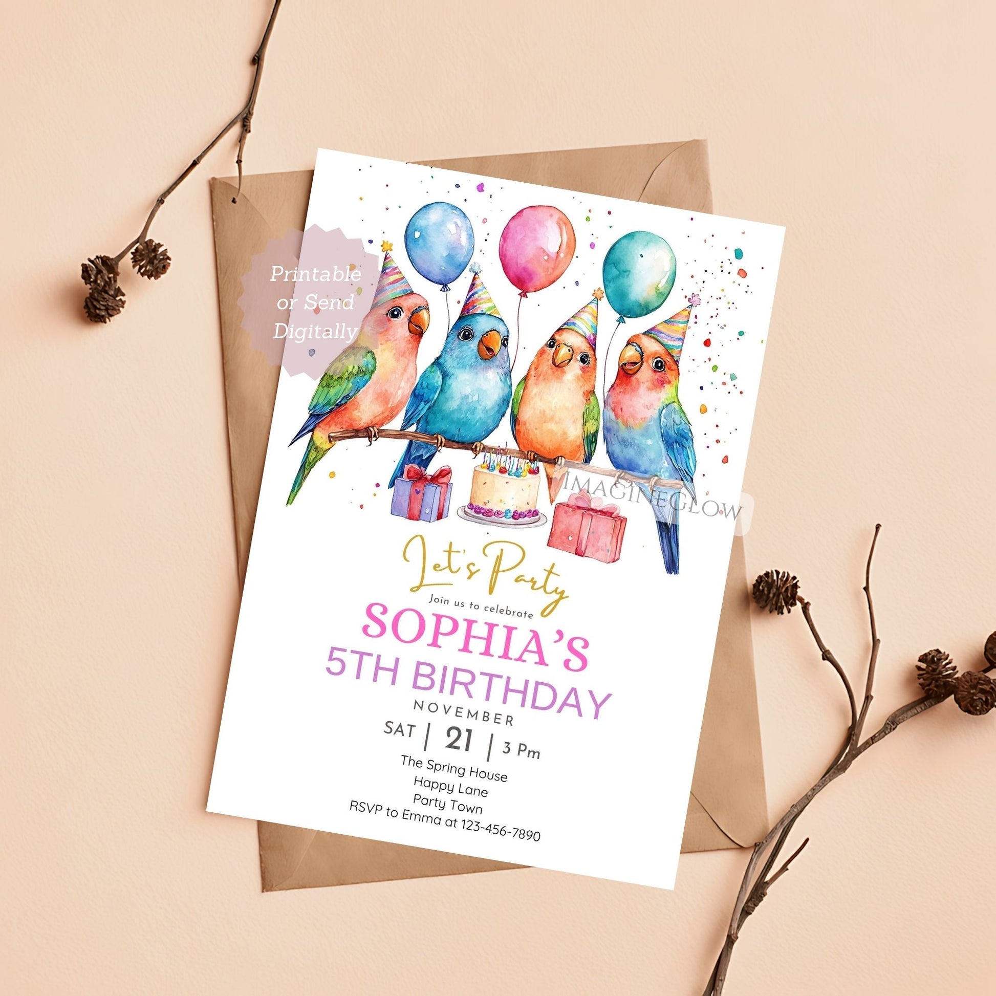 Lovebird birthday invitation printable tropical theme
