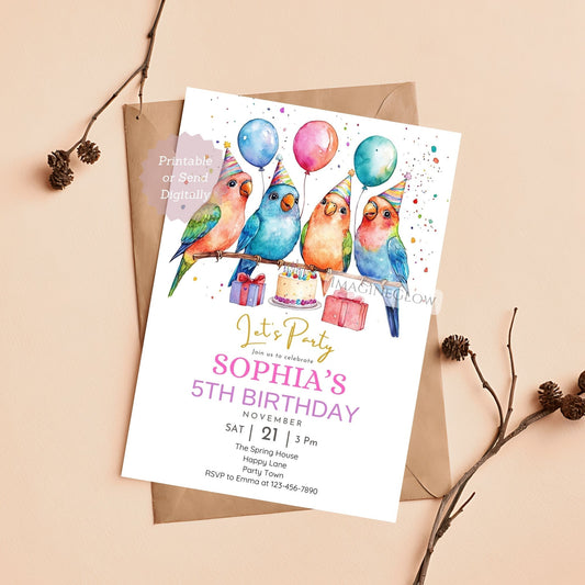 Lovebird birthday invitation printable tropical theme
