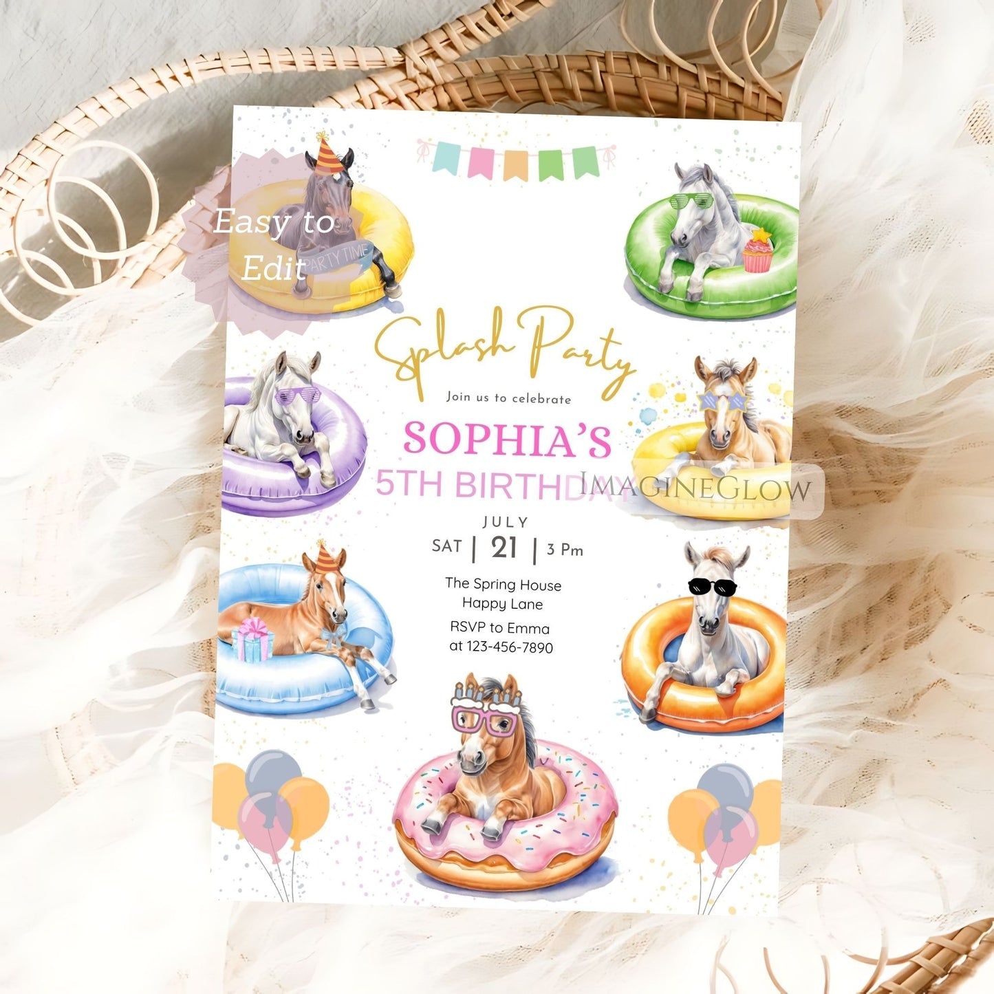 Birthday party invitation with cartoon horses on inflatable rings, placed on a textured surface.