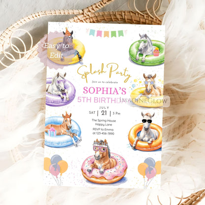 Birthday party invitation with cartoon horses on inflatable rings, placed on a textured surface.