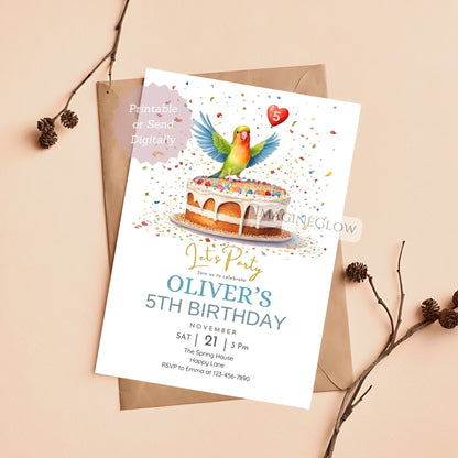 bright tropical lovebird birthday invitation
