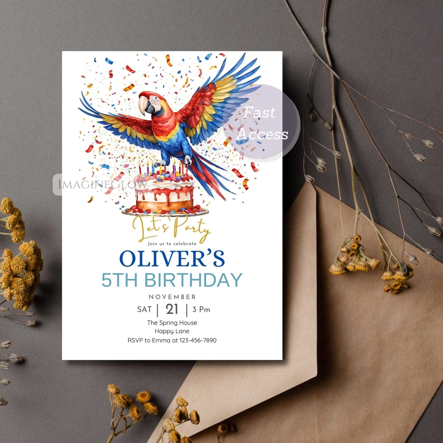 Birthday party invitation with a parrot and cake on a gray background