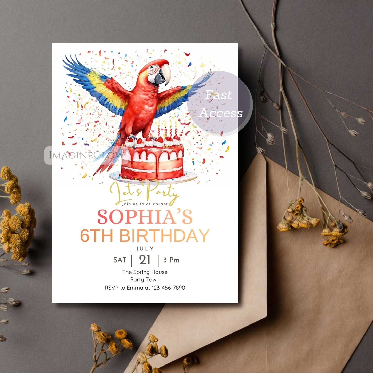 Birthday party invitation with a parrot and cake design 