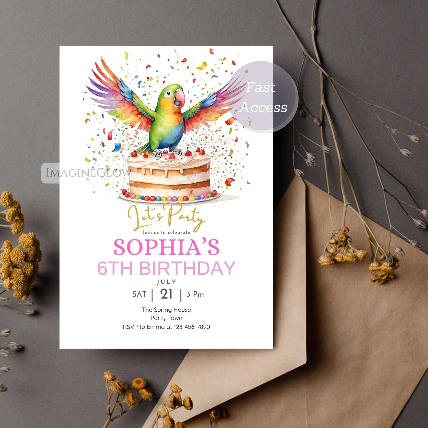 Birthday invitation card with a colorful parrot and cake illustration 