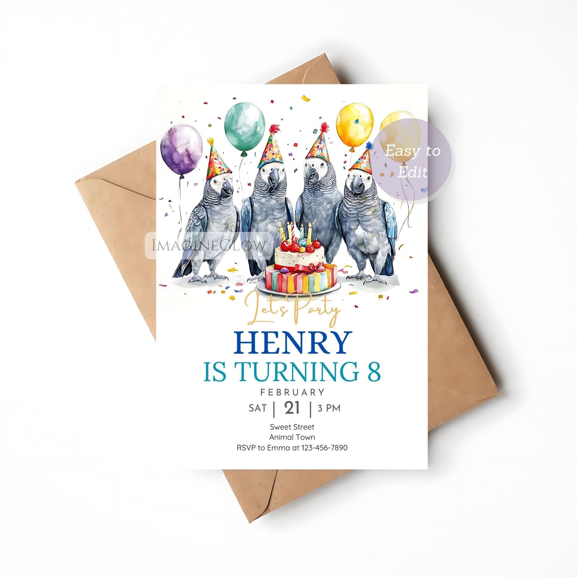 Unique birthday card with African Grey parrot artwork
