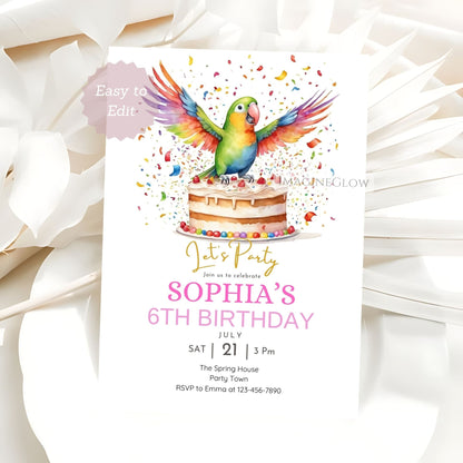 Birthday party invitation with a colorful parrot on a cake, surrounded by white ribbons.