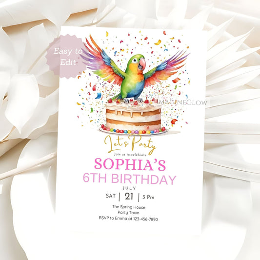 Birthday party invitation with a colorful parrot on a cake, surrounded by white ribbons.