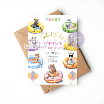 summer horse birthday card
editable pony pool party invite