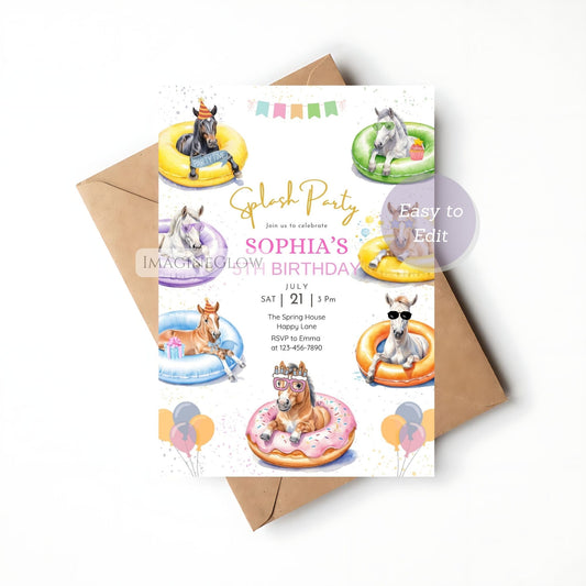 summer horse birthday card
editable pony pool party invite