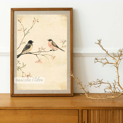 Timeless vintage bird print with birds perched on blooming branch
