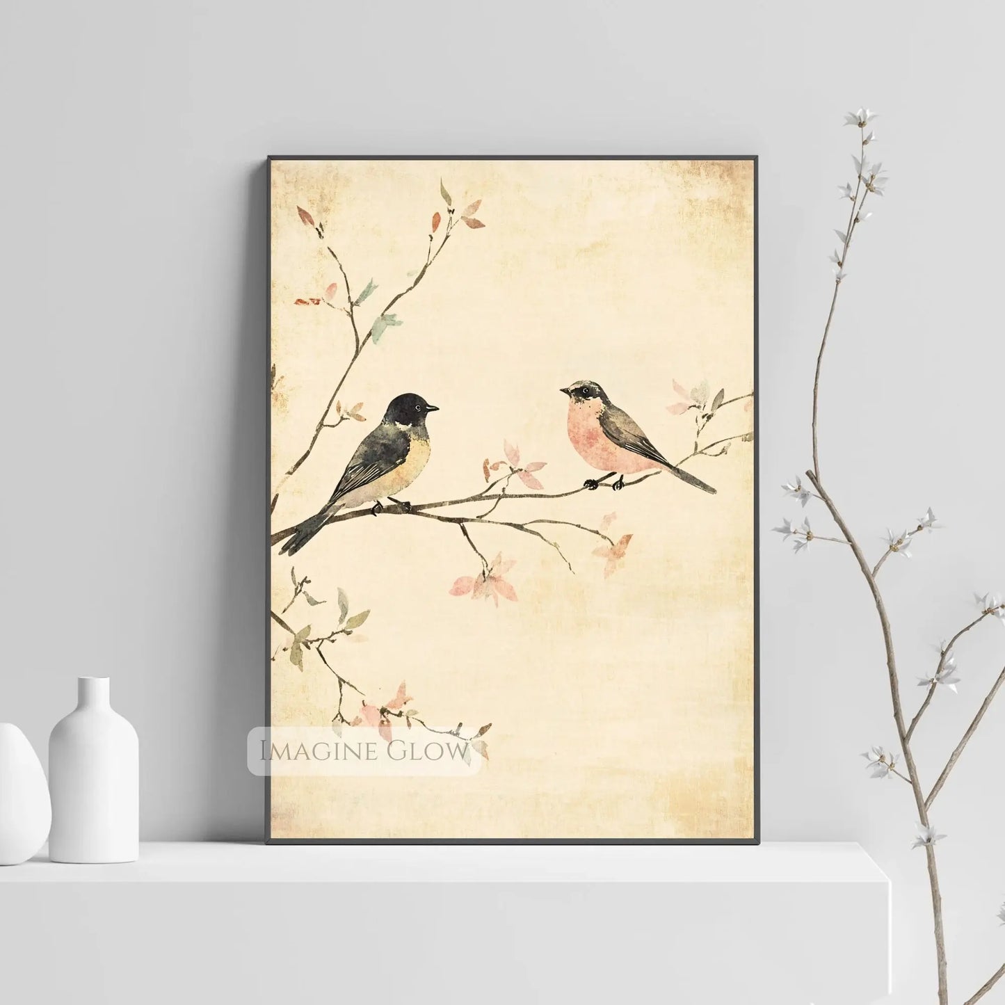 Rustic farmhouse art with two birds perched on blossoming branch
