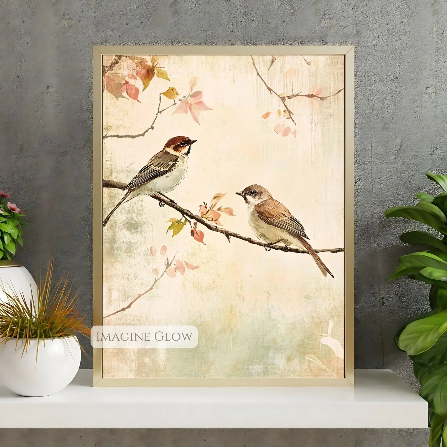 Antique two birds perched on a branch vintage print.
