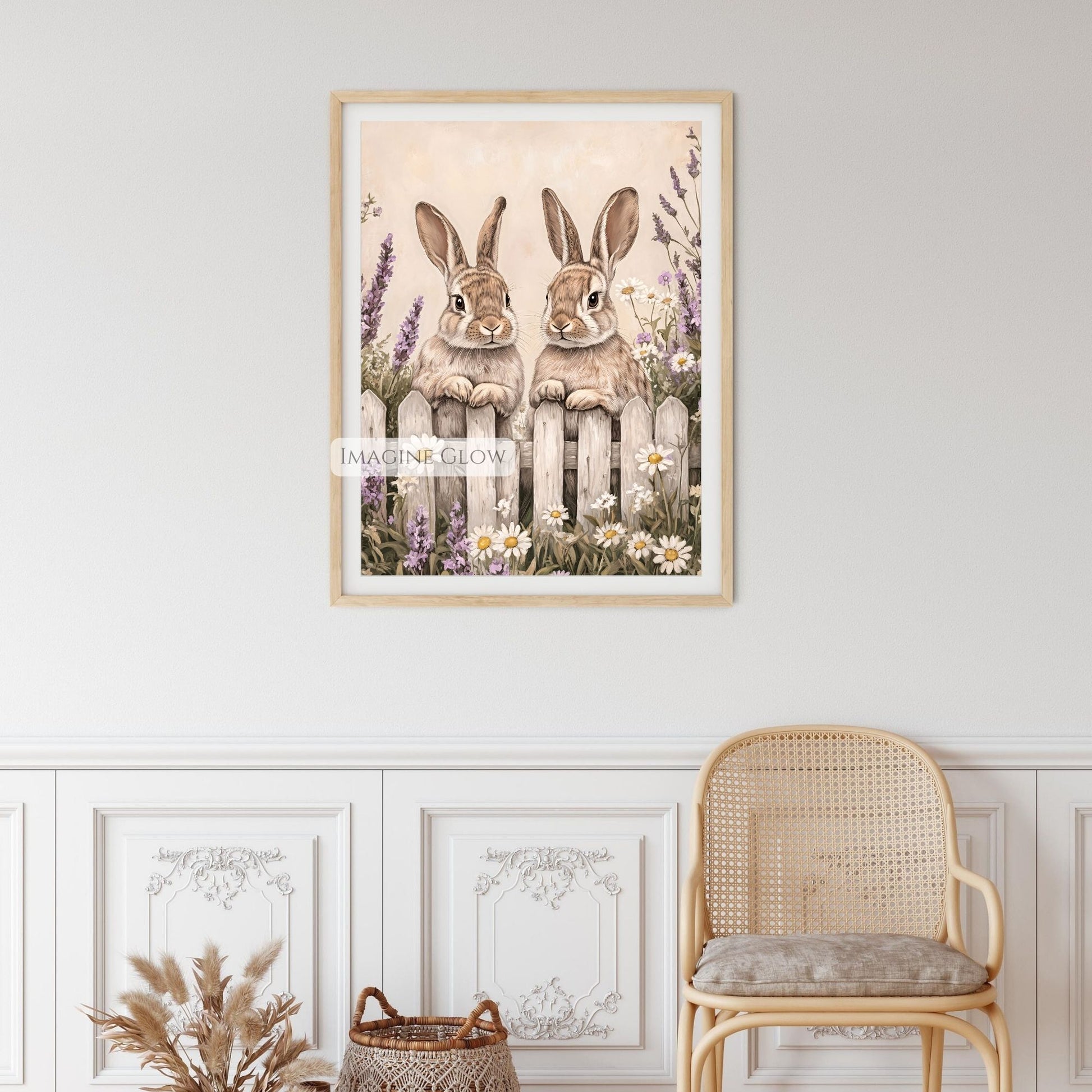 Charming art print with two rabbits and vibrant wildflowers.
