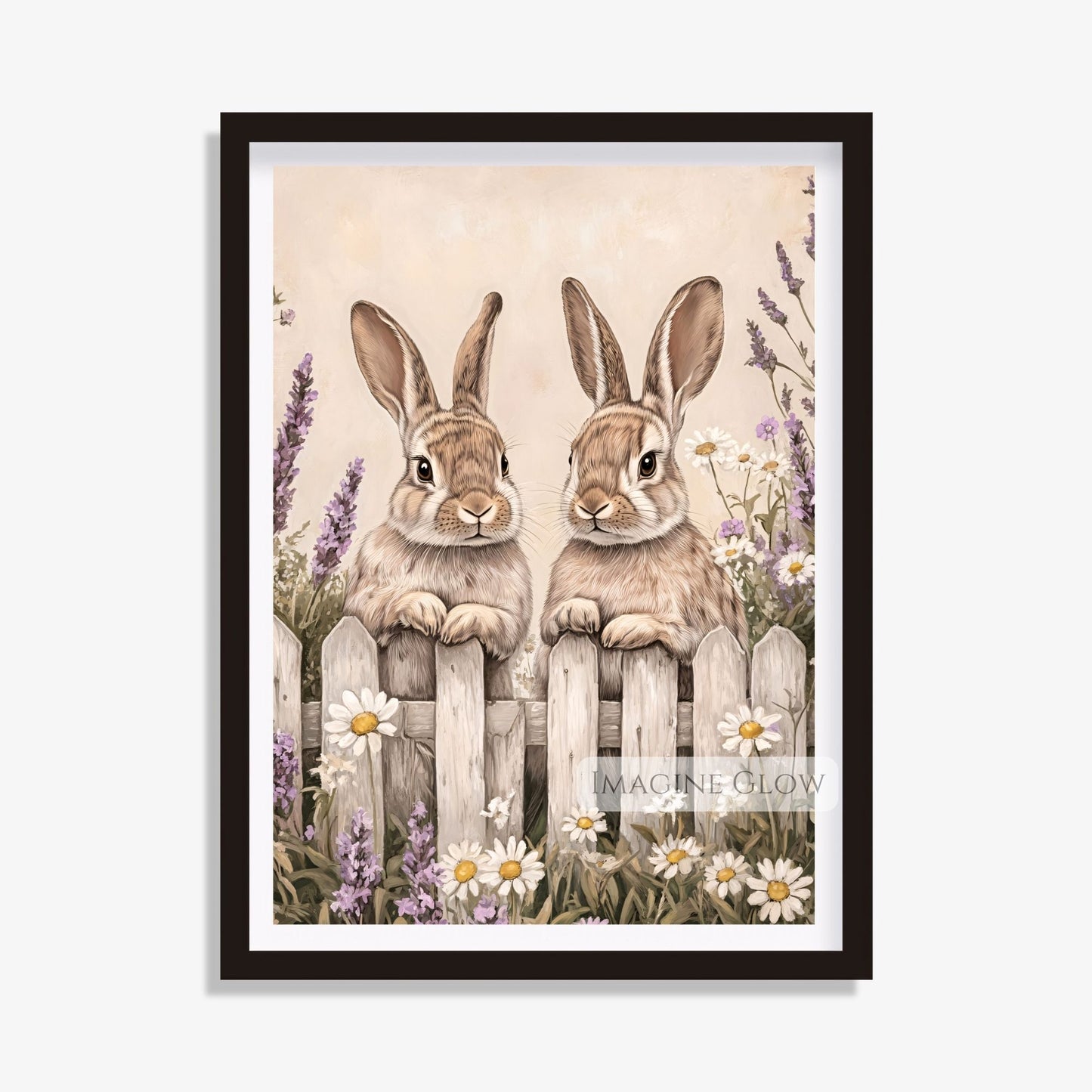 Two bunnies in a meadow of colorful wildflowers, animal wall art.
