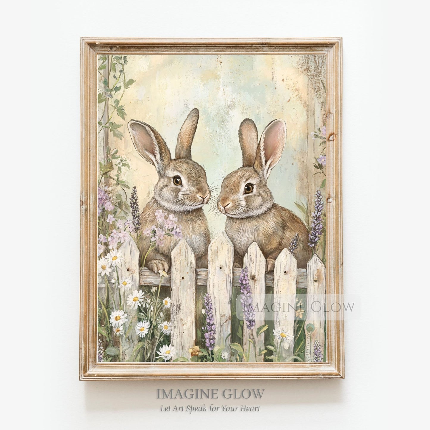 Vintage-style animal illustration of rabbits and flowers.
