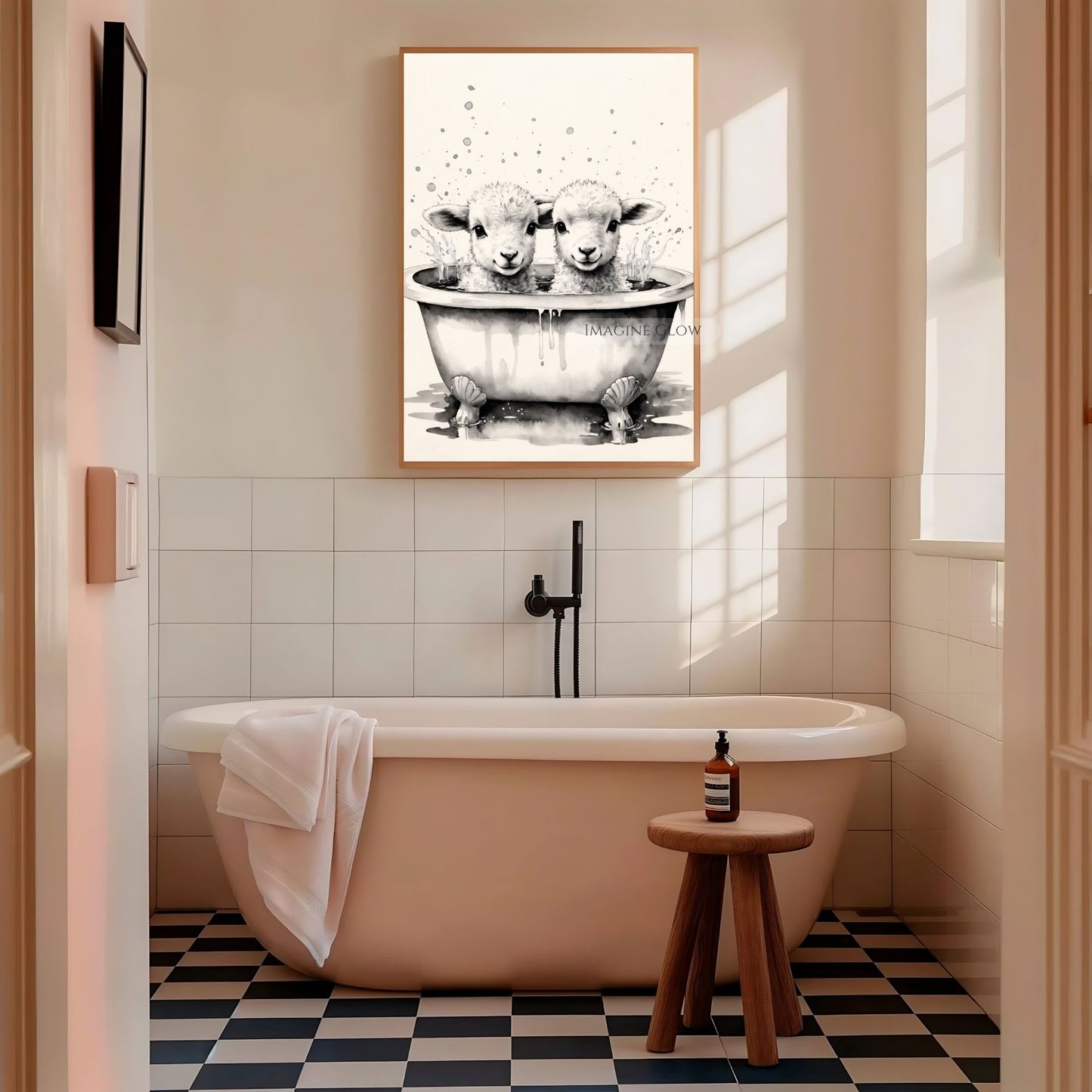 Cute sheep in a bathtub rustic bathroom decor print
