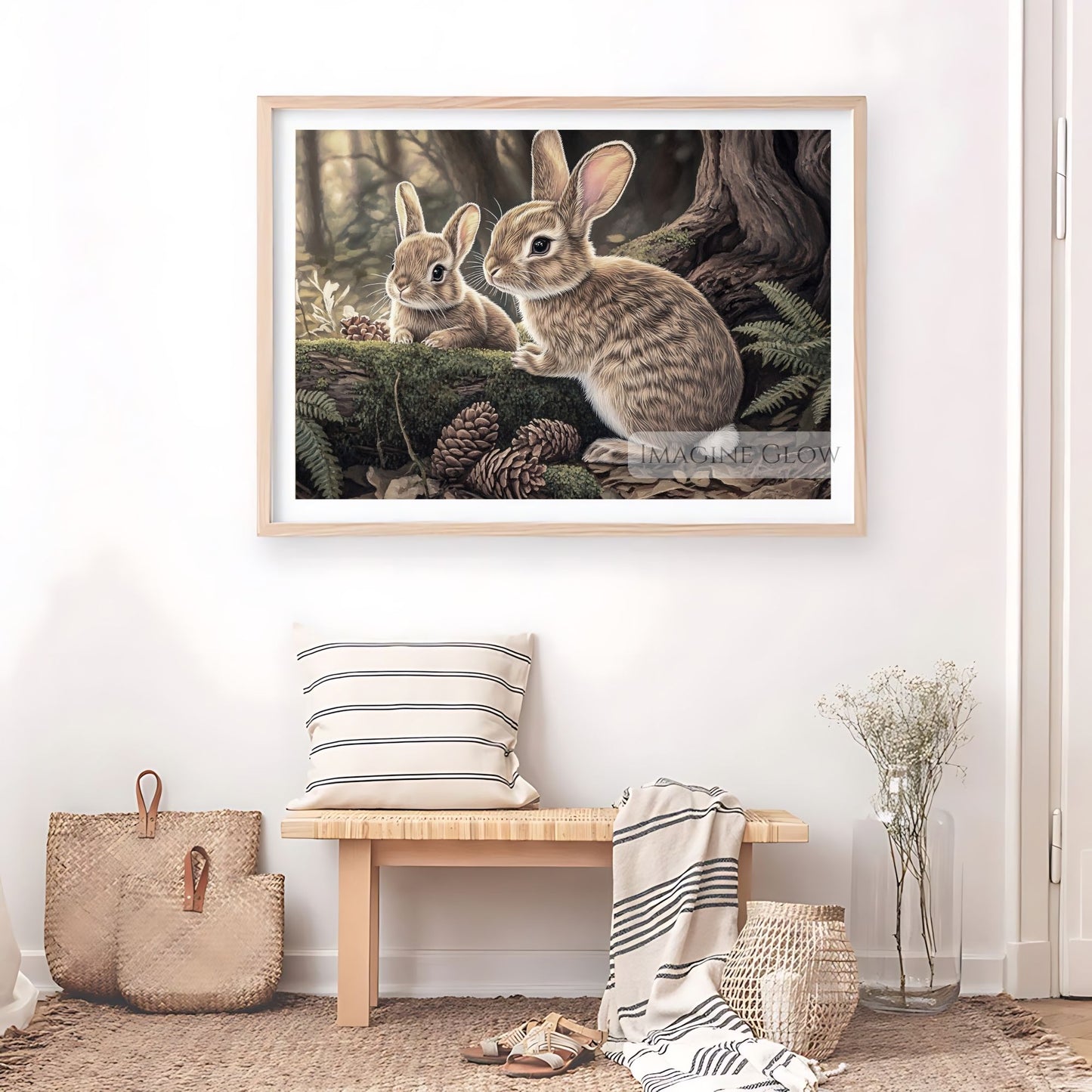 Peaceful woodland rabbits forest wall decor.