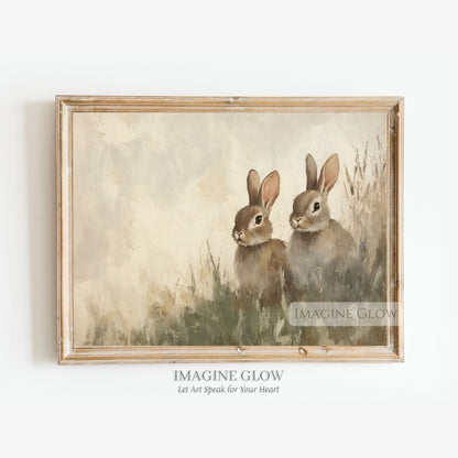 Vintage painting of two rabbits in a grassy field
