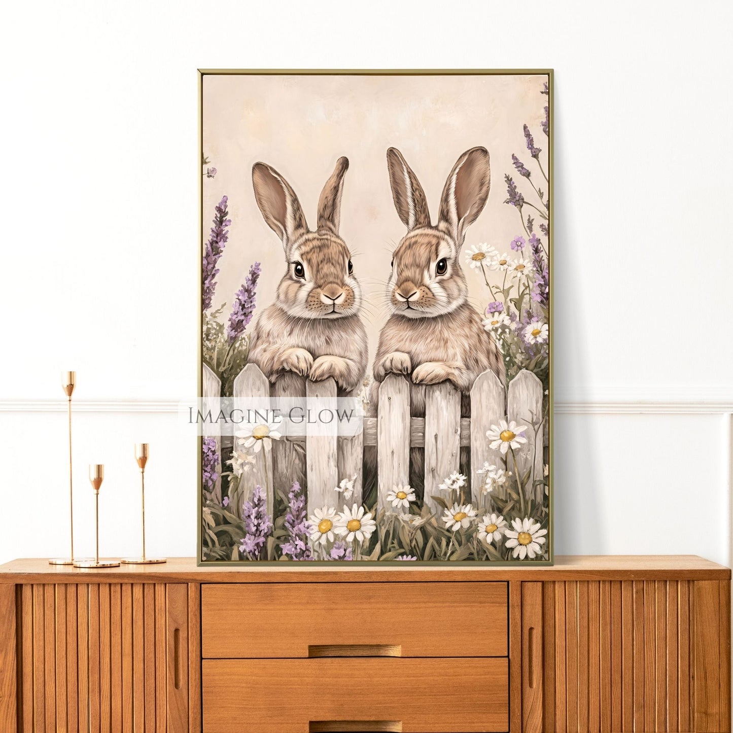 Nature-themed bunny print with two rabbits in a floral field.
