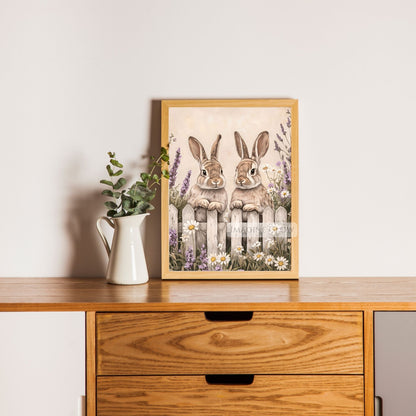 Two bunnies surrounded by blooming wildflowers in a peaceful print.
