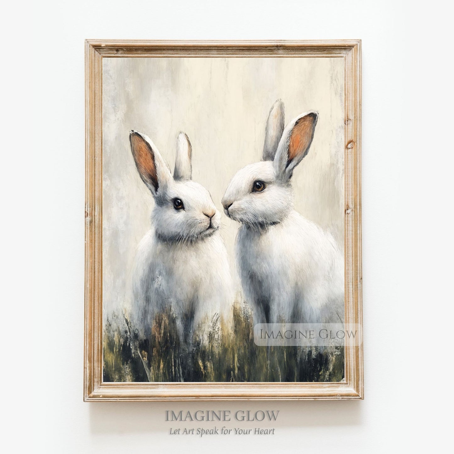 Vintage painting of two white bunnies in a meadow
