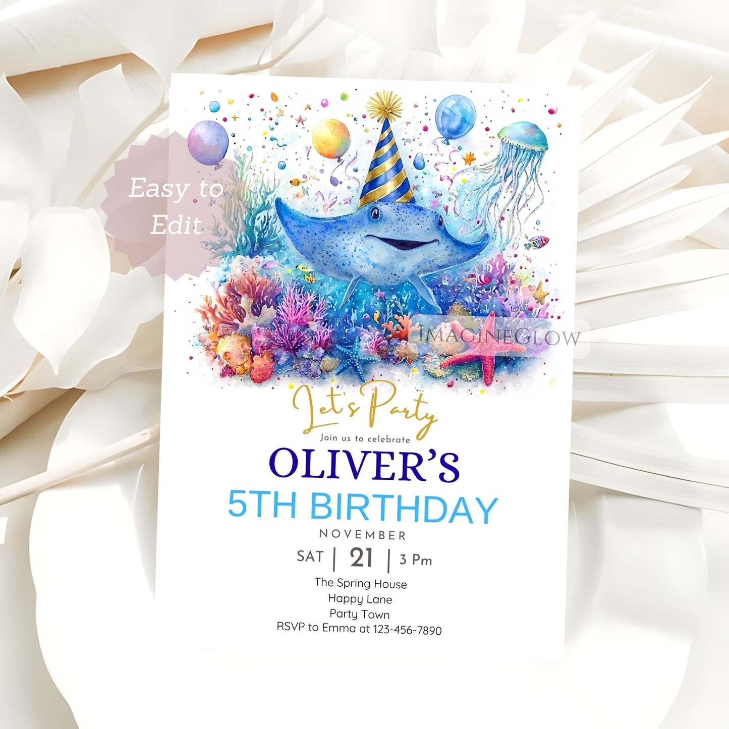 Editable under the sea party invitation featuring a cute stingray and ocean coral.