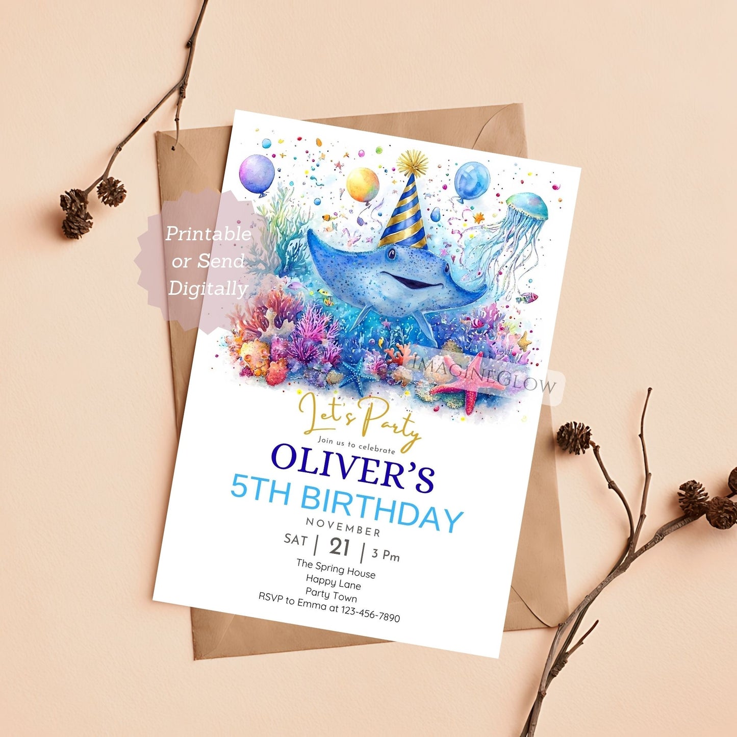 Soft pastel blue stingray birthday invite for a first birthday under the sea theme.