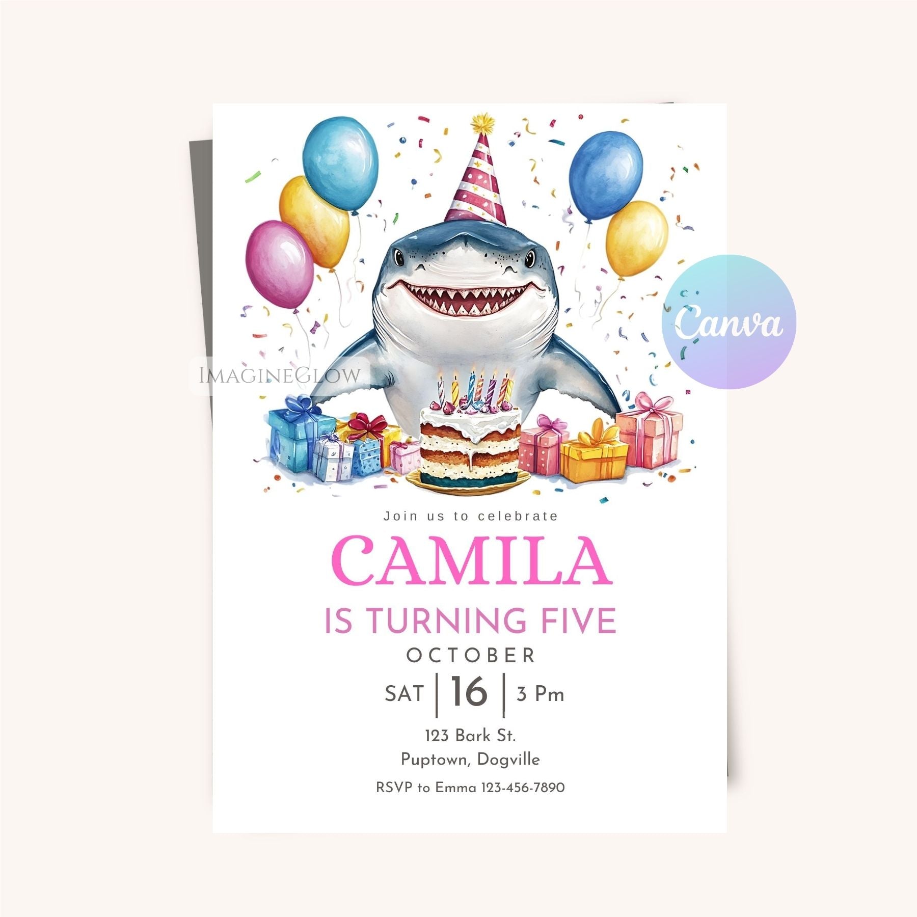 Editable Ocean Shark Birthday Card for Kids Party.
