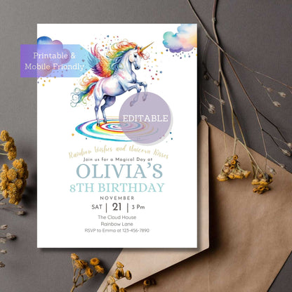 Unicorn party invitation with a rainbow theme, perfect for kids' birthdays, editable in Canva