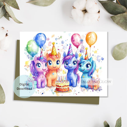 Pony birthday card with magical unicorn design
Cute unicorn pony birthday greeting card
Printable magical unicorn birthday card

