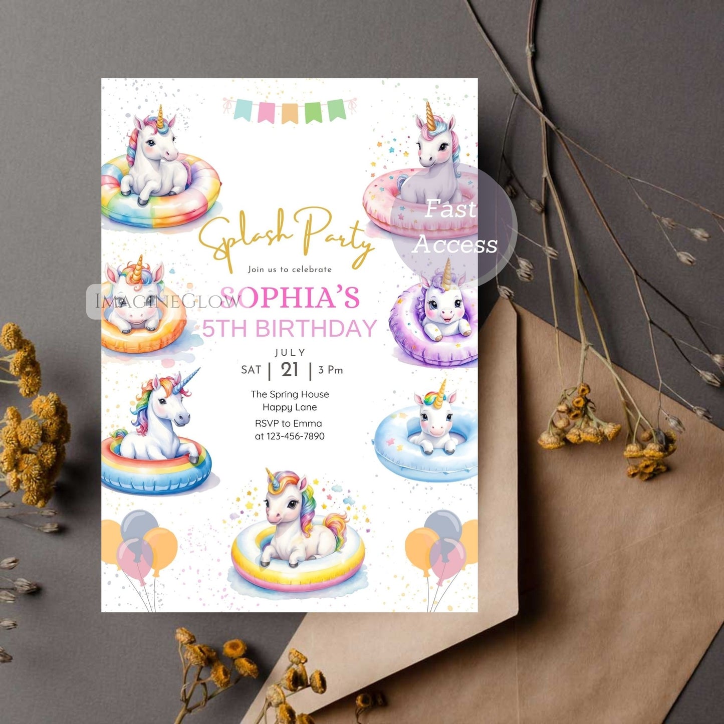 Birthday party invitation with unicorn design on a gray background