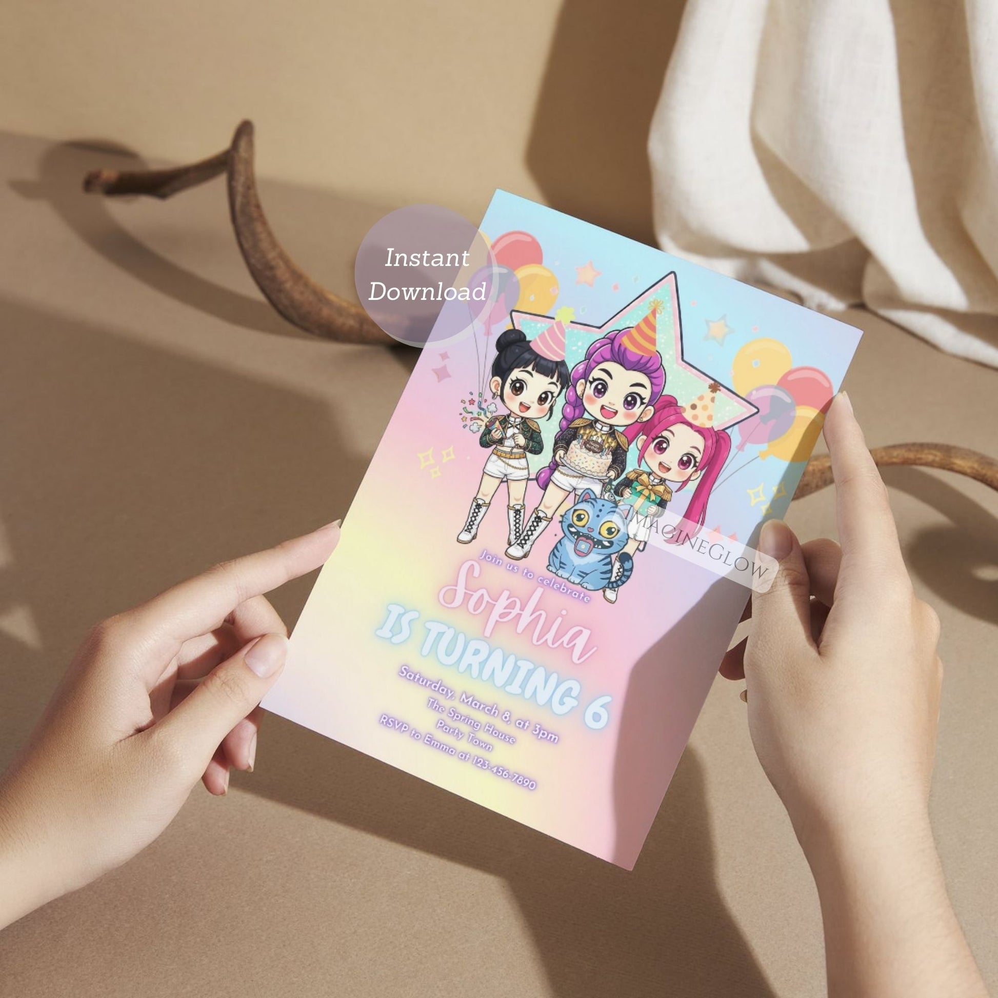 Anime girl HUNTRIX birthday party invitation for KPOP fans
