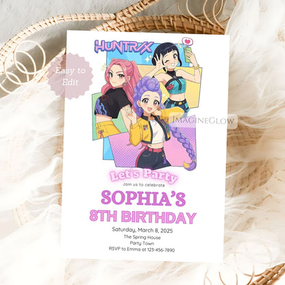 Birthday invitation card with animated characters on a textured surface
