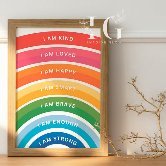 Colorful rainbow-themed affirmations for positive vibes in kids' room