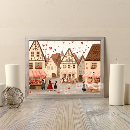 Romantic village street scene art for cozy home decor
