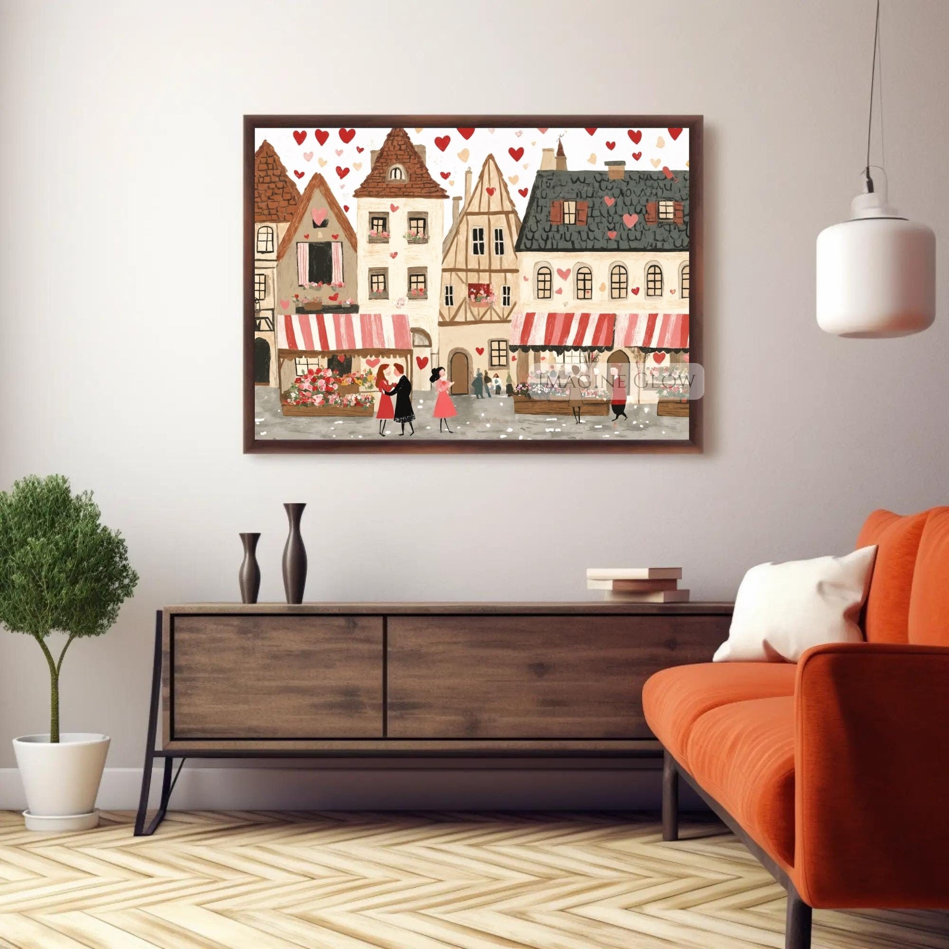 Romantic Valentine's Day Town Art Print with love-themed details
